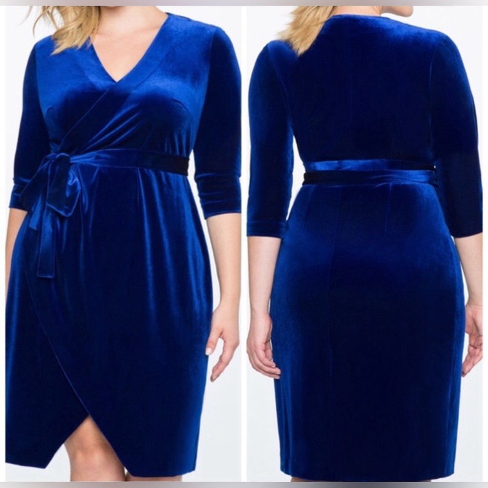 Eloquii Royal Blue Velvet Asymmetrical Wrap Dress
